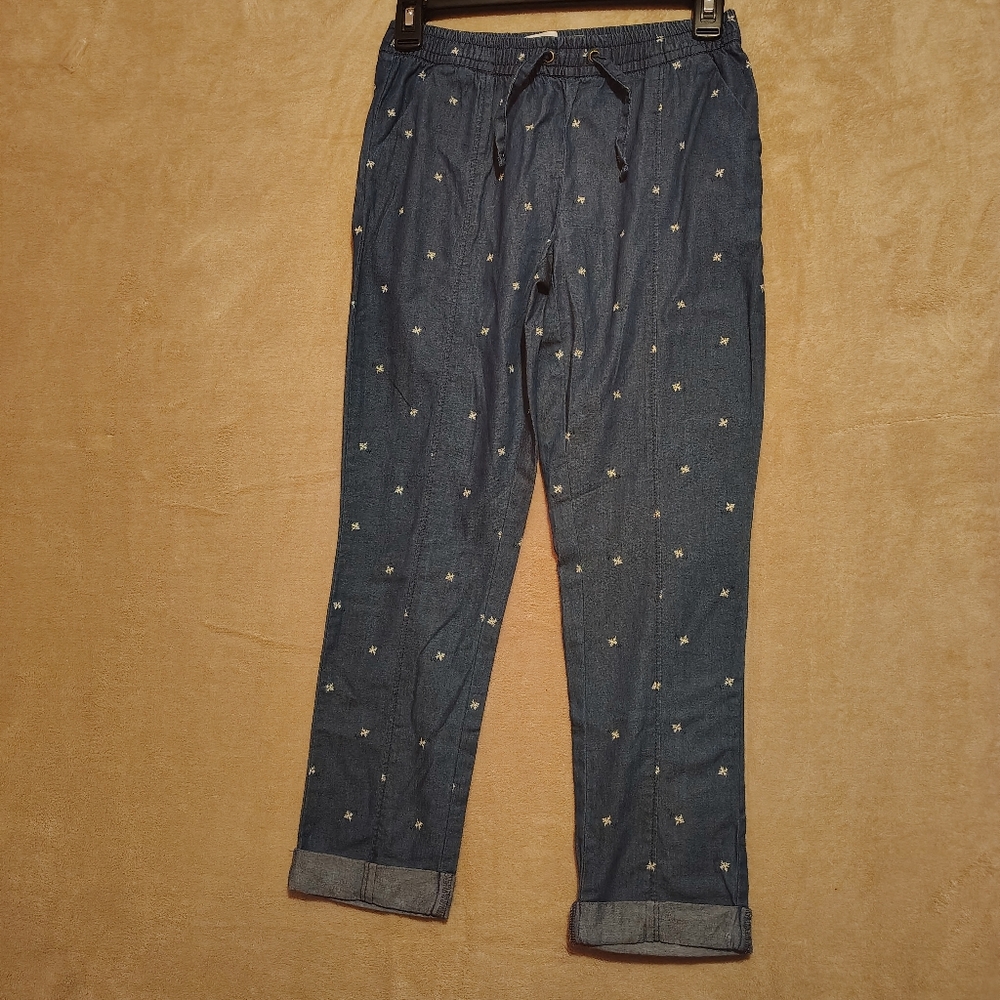 Old Navy Blue Snow Flake Pattern Pull On Jeans Festive Kids 10/12 Elastic Waist